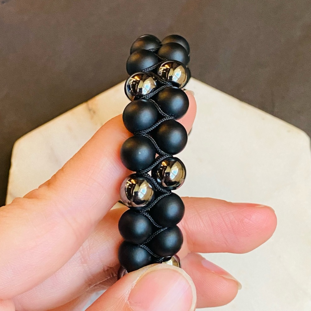 Hematite Onyx Bracelet Two Rows Beaded Adjustable Cord Bracelet men Women Unisex